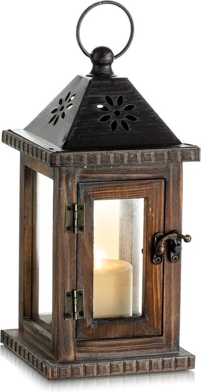 Lantaarn houten houten lantaarns voor kaarsen - windlicht tuinlantaarn hangende kandelaar landhuis decoratie vintage ornament binnen buiten lantaarns voor bruiloft en Kerstmis tafeldecoratie bruin, 28 cm