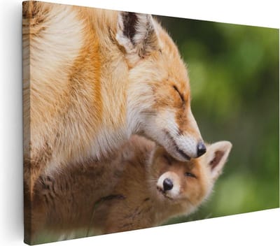 Artaza Canvas Schilderij Vossen - 30x20 cm - Klein - Wanddecoratie Dierenkop - Muurdecoratie Vos Met Jong - Kamer Accessoires
