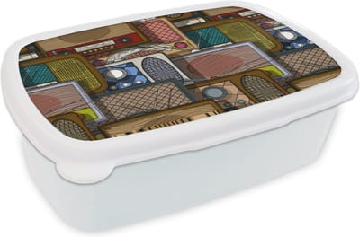 Broodtrommel Wit - Lunchbox - Brooddoos - Tieners - Radio - Patronen - Retro - 18x12x6 cm - Volwassenen