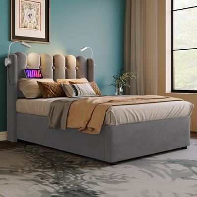 SINGULARITY-Gestoffeerd bed eenpersoonsbed leeslamp met hoofdbord opbergbedframe fluwelen jeugdbed 90x200 met lattenbodem- grijs zonder matras
