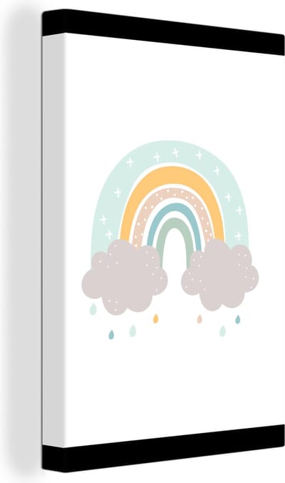 Canvas schilderij kinderen - Kinderkamer decoratie - Regenboog - Pastel - Kinderen - Wolken - Slaapkamer decoratie - Canvas doek kids - 120x160 cm