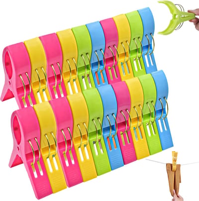 20 stuks Strandhanddoekclips - Wasknijpers - handdoeken/badlakens knijpers - Grote knijpers - Grote plastic badlaken knijpers -Kledingknijpers - Houd je Handdoek tegen de Wind - Meerkleurig -Geschikt voor gebruik op het strand op de camping en thuis