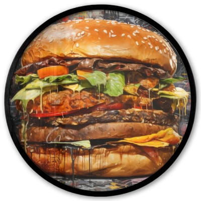 Poster in lijst Rond - Fotolijst 40x40 cm - Posters - Burger - Eten - Kunst - Grijs - Graffiti - Ronde posterlijst zwart - Decoratie - Wanddecoratie woonkamer - Muurdecoratie slaapkamer