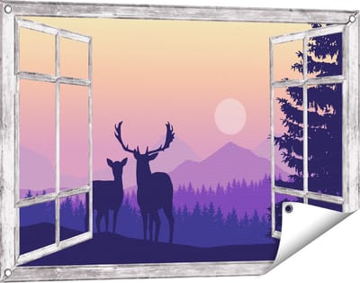 Gards Tuinposter Doorkijk Twee Herten - Zonsondergang - Silhouet - 90x60 cm - Tuindoek - Tuindecoratie - Wanddecoratie buiten - Tuinschilderij
