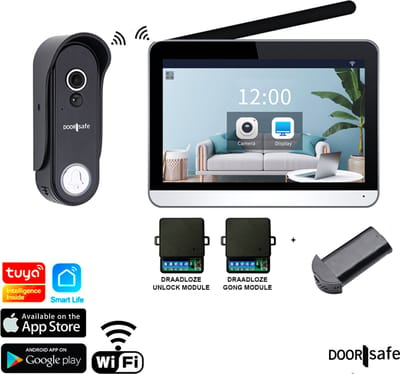 Doorsafe 4656 + WIFI & APP + extra accu | HD draadloze internet camera deurbel + 7" Touchscherm | deurbel op accu of stroom | Draadloos, langer bereik (868Mhz) | scherm verbinden via 2,4 / 5Ghz WiFi & app | PIR bewegingssensor | 32Gb