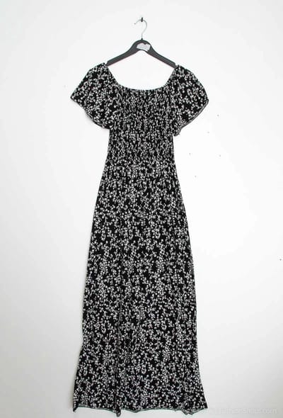 Lange dames jurk Diona gebloemd motief zwart wit Maat S/M