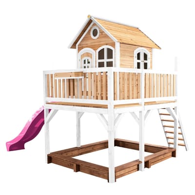 AXI Liam Speelhuis in Bruin/Wit - Met Verdieping, Zandbak en Paarse Glijbaan - Speelhuisje voor de tuin / buiten - FSC hout - Speeltoestel voor kinderen