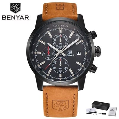 BENYAR Horloge BY-5102 - Lichtbruin-Zwart – Heren - Quartz - Chronograaf - Lederen Band - Luxe - Stijlvol