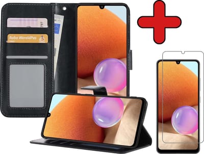 Hoesje - Met Screenprotector - Geschikt voor Samsung Galaxy A32 5G - Luxe Pasjeshouder - Flipcase - Bookcase Portemonee - Flip Case - Kunstleer Book Case - Book Cover - Walletcase - Portemonneehoes - Telefoonhoes - Zwart