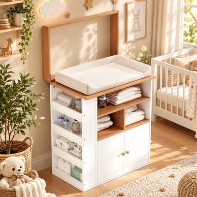 2-in-1 Luiercommode - Kaptafel - Opslagkastje - Commode Kast - Multifunctioneel Ladekast - Verstelbare reling - Met open vakken - 82x50x100 cm - Stabiel en duurzaam - Wit,natuurlijke kleuren