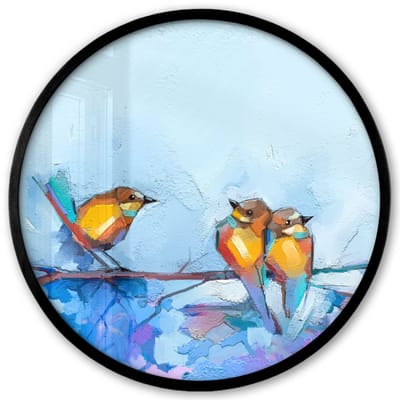 Poster in lijst Rond - Fotolijst 40x40 cm - Posters - Schilderij - Olieverf - Vogel - Tak - Ronde posterlijst zwart - Decoratie - Wanddecoratie woonkamer - Muurdecoratie slaapkamer