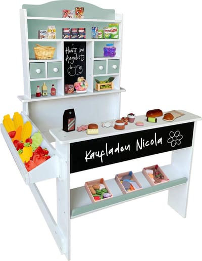 Coemo Nicola houten kinderwinkel, verkoopkraam, toonbank, plank, zijtoonbank & lade marktkraam als een geweldig cadeau