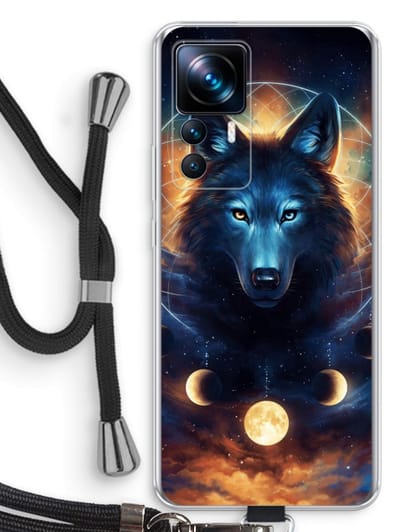 Case Company® - Hoesje met koord geschikt voor Xiaomi 12T Pro hoesje met Koord - Wolf Dreamcatcher - Telefoonhoesje met Zwart Koord - Bescherming aan alle Kanten en Over de Schermrand