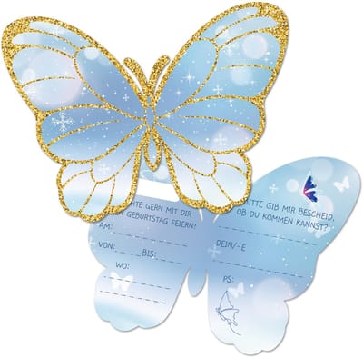 Dailygoods - BIROYAL Uitnodigingskaarten voor kinderverjaardag, uitnodiging kinderverjaardag voor meisjes en jongens, 12 x uitnodigingskaarten verjaardag, verjaardagsuitnodigingen (blauwe vlinder)