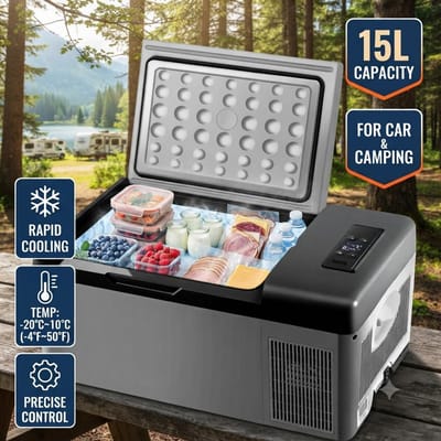 Een must-have voor camperleven, kamperen, varen & buitenpicknicken: 15L compressor koelkast/vriezer voor auto's, draagbare gekoelde koelcontainer, 12/24V DC 240V AC dual-use koeler voor het bewaren