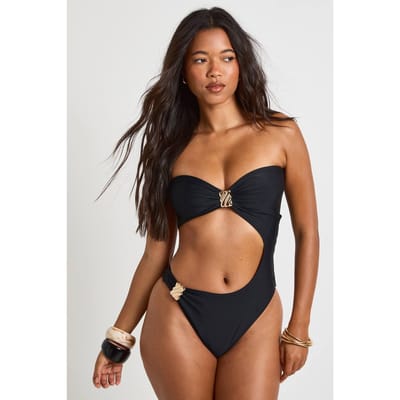 boohoo Dames Asymmetrisch Badpak Met Gouden Details En Centrale Cut-out Bandeau | Zwart | Maat: 36