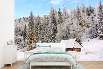Behang - Fotobehang Houten hutten en dennen in het Nationaal park Tatra in Polen - Breedte 525 cm x hoogte 350 cm