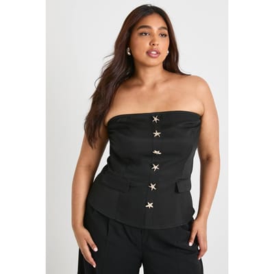 boohoo Dames Plus op maat gemaakte zeester met knoopaccenten bandeau vest | Zwart | Maat: 48