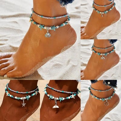 Enkelbandje Dames - enkelbanden- blauw- zeester - schelp - met kralen - set van 2 - strand enkelbandje