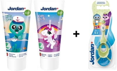 2 x Jordan Tandpasta Baby's & Jordan Tandenborstel Bijtring – Step 1 Baby 0-2 jaar