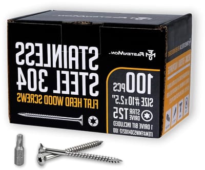 Fastenmon roestvrij staal 304 (18-8) lenskopschroeven, roestvrijstalen schroeven #10 x 2-1/2 inch houtschroeven, 100 stuks doos voor composietdek Plus One T25 Star Drive Bit