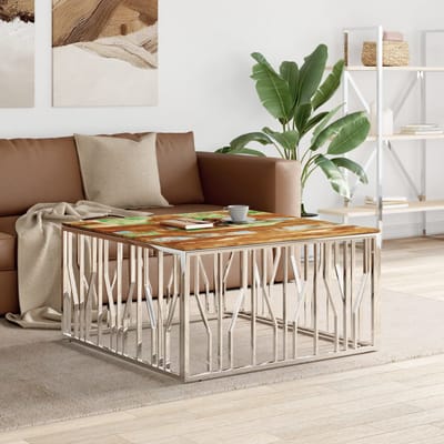 vidaXL - Salontafel - roestvrij - staal - en - massief - gerecycled - hout - zilver