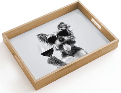 Dienblad hout 40x30 cm - Schootdienblad - Hondje - Wijnglas - Zonnebril - Enthousiast - Borrelplank rechthoek - Plateau dienbladen