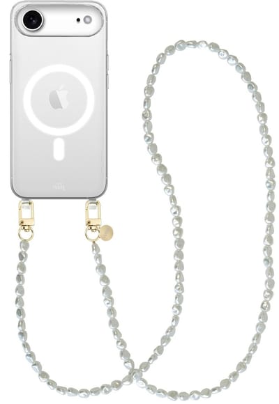 xoxo Wildhearts magnetisch hoesje geschikt voor iPhone 17 Air MagSafe - Pearlfection - Transparant telefoonhoesje met koord - Telefoonkoord met parels - Parelketting - Lang koord