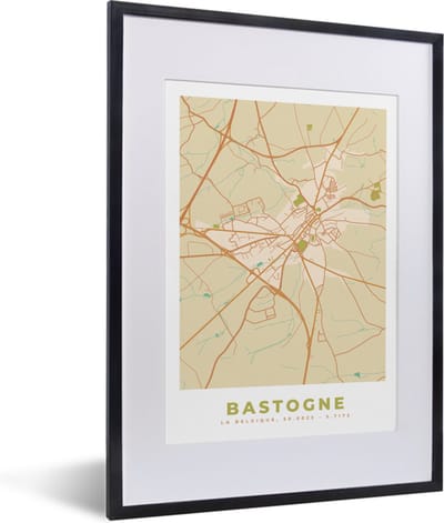 Fotolijst incl. Poster - Stadskaart - Kaart - Bastenaken - Vintage - Plattegrond - 30x40 cm - Posterlijst