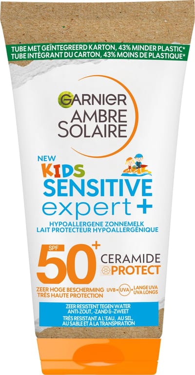 Garnier Ambre Solaire Kids Sensitive Expert+ Hypoallergene Zonnebrand melk SPF50+ - Reisformaat voor de Gevoelige Huid met Ceramide Protect - 50 ML