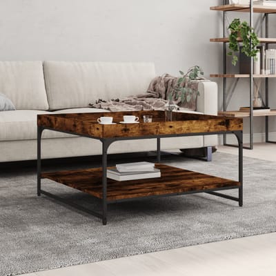 vidaXL - Salontafel - 80x80x45 - cm - bewerkt - hout - en - ijzer - gerookt - eikenkleur