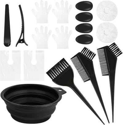 Famanu - 18-delige haarkleurset met borstels, schaal, handschoenen en clips, ideaal voor doe-het-zelf en salon – Zwart