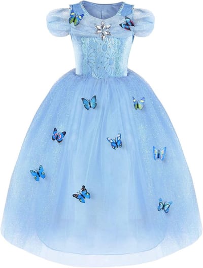 Cinderella Prinsessenjurk voor Meisjes, Blauwe Dansjurk met Vlinders, Tulle Kostuum voor Feestjes, Bruiloften en Prom, Geschikt voor 3-8 Jaar Oud