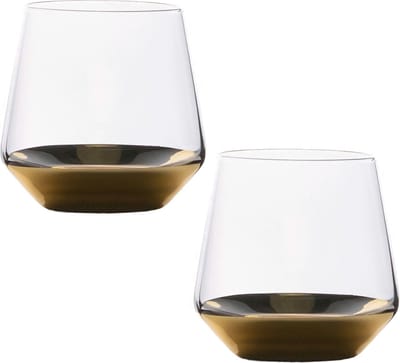 Intirilife 2x Drinkglas met goudkleurige bodem - 350 ml inhoud - watersapglas kristalglas tumbler schokbestendig