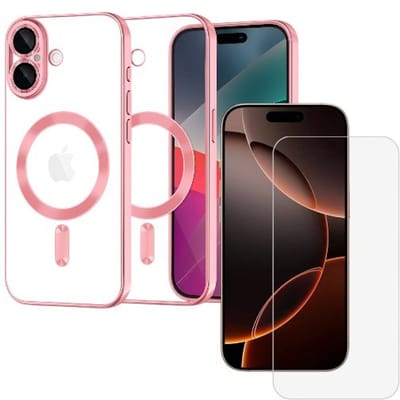 Backcover hoesje Geschikt voor: iPhone 17 met geïntegreerde Camera lens bescherming + 1x Screen protector [magnetische hoes] compatibel met MagSafe Dames Heren - Roze