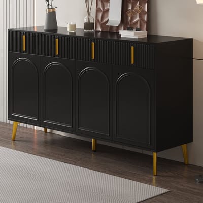 STILVORA Dressoir - Elegant Met Gewelfde Fronten En Gouden Handgrepen En Poten - 4 Deuren 4 Lades Met Verstelbare Legplanken - MDF - 140x38x82 cm - Zwart