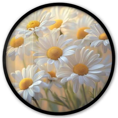 Poster in lijst Rond - Fotolijst 40x40 cm - Posters - Madeliefjes - Wit - Zonlicht - Ronde posterlijst zwart - Decoratie - Wanddecoratie woonkamer - Muurdecoratie slaapkamer