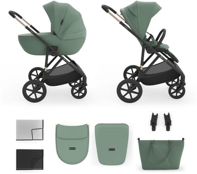 Kinderkraft PRIME 3 Kinderwagen - grote 8 en 12 inch wielen verstelbare duwbeugel 3 standen boodschappenmand - Grijs