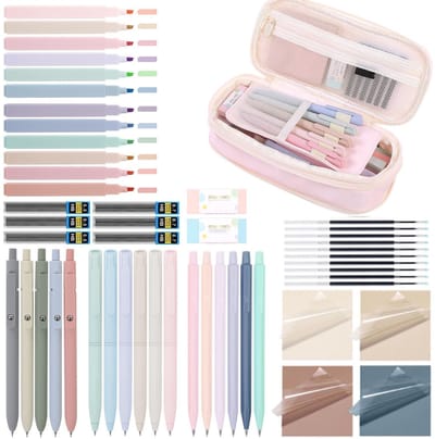 52 stuks schoolspullen met mapje, 12 pastelmarkeerstiften, 5 gelstiften, 6 vulpotlodenset, pennen en coole spullen voor tieners, meisjes, schoolspullen, kantoor, volwassenen (roze)
