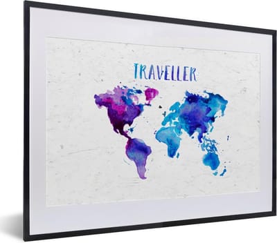 Poster in lijst - Fotolijst 40x30 cm - Posters - Wereldkaart - Spreuken - Aquarelverf - Posterlijst zwart - Decoratie - Wanddecoratie woonkamer - Muurdecoratie slaapkamer