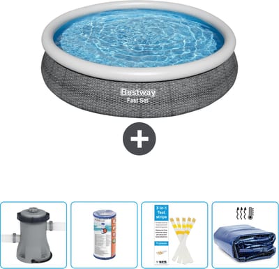 Bestway Rond Opblaasbaar Fast Set Zwembad - Rotanprint - 366 x 76 cm - Inclusief Pomp Filter - Testrips - Solarzeil