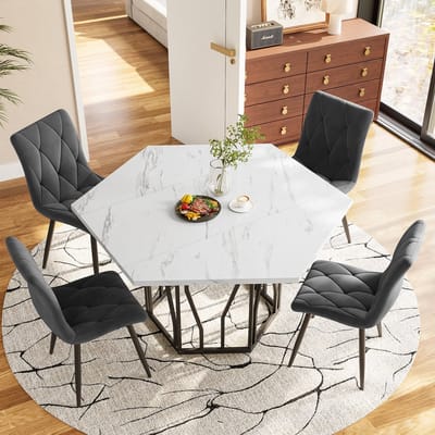 MODENUIT Eettafelset 115,5 x 100 cm - Zeshoekige Tafel met 4 Stoelen - Voor Eetkamer - MDF Staal Fluweel - Zwart Grijs