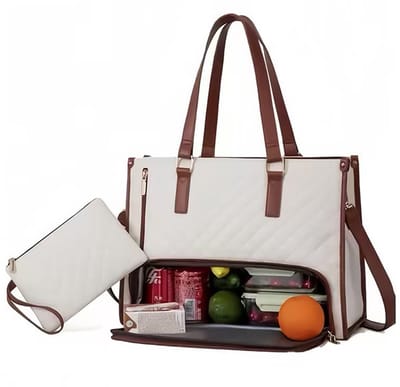 Dameslunchtas - Handtas met geïsoleerd vak - 2-in-1 lunchtas - Geschikt voor reizen, school en kantoor - Wit