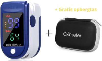 Zuurstofmeter Vinger - Hartslagmeter - Saturatiemeter - + Inclusief Batterijen Opbergtas, Polskoord en Handleiding - Wit/Blauw