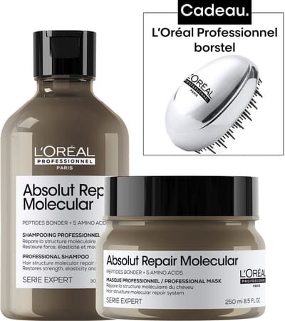 L'Oréal Professionnel Absolut Repair Molecular Bundel + cadeau - Shampoo 300ml, Masker 250ml en Haarborstel cadeau - Voordeelverpakking