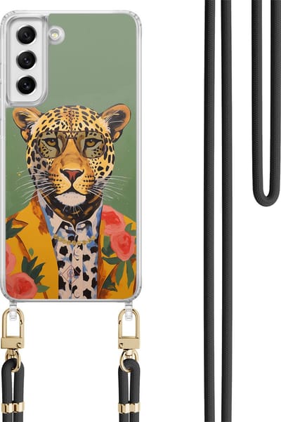 Casimoda® hoesje met koord - Geschikt voor Samsung S21 FE - Luipaard Hipster - Afneembaar koord - TPU/polycarbonaat - Groen