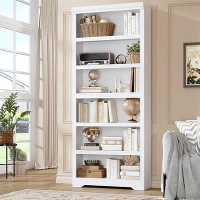Hoge Boekenkast met 6 Planken - Wit Open Vakkenkast met Verstelbare Planken - Opbergkast voor Woonkamer, Kantoor & Slaapkamer - 190 cm Hoog