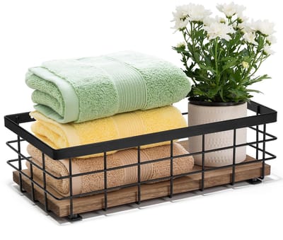 Kleine metalen mand, decoratieve houten basis organizer voor badkamer, keuken, mand voor toiletpapieropslag, suikerpakket, koffiesiroop, gasthanddoek, servet (1-pack houtkleur)