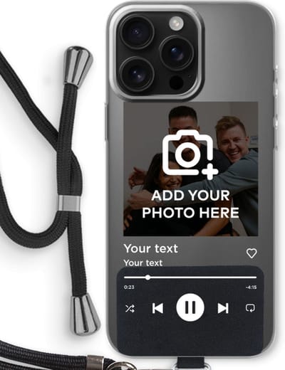 Gepersonaliseerd - Case Company® - Hoesje met koord geschikt voor iPhone 16 Pro Max hoesje met Koord - Music Player - Telefoonhoesje met Zwart Koord - Bescherming aan alle Kanten en Over de Schermrand