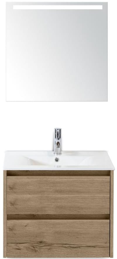 Dante Badmeubelset 60 cm - Natuur Eiken - Keramische Wastafel Wit Enjoy met Sence Spiegel
